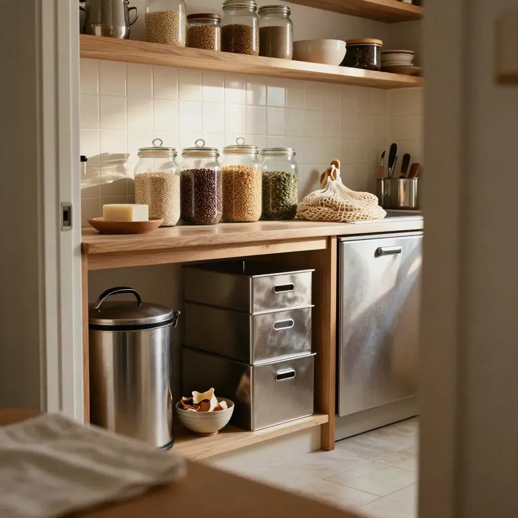 Cuisine compacte réorganisée avec bocaux en verre, savon solide, sacs filet et compost fermé.