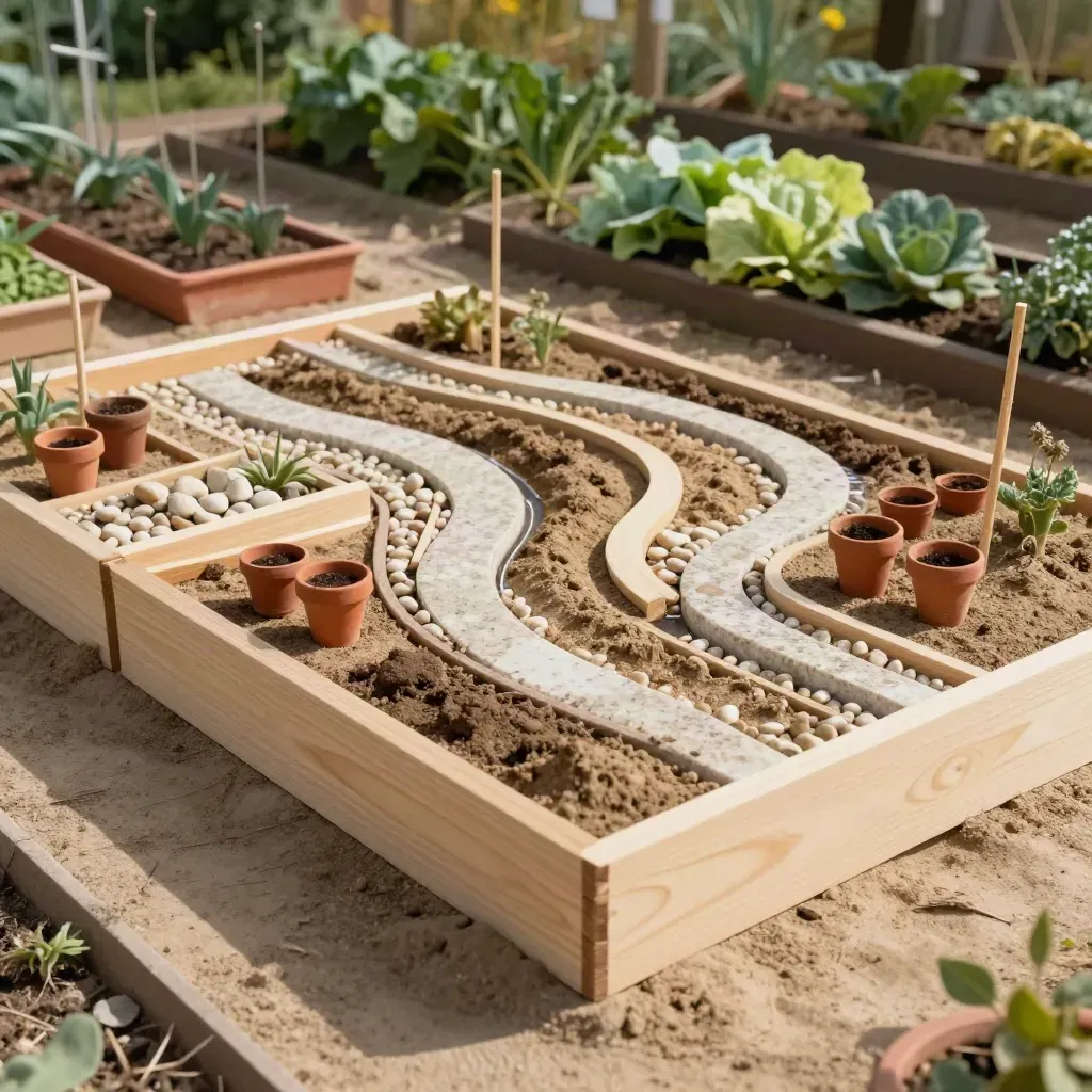 Maquette de potager en bois brut avec plants, tuteurs et zones repérées dans un jardin flou.