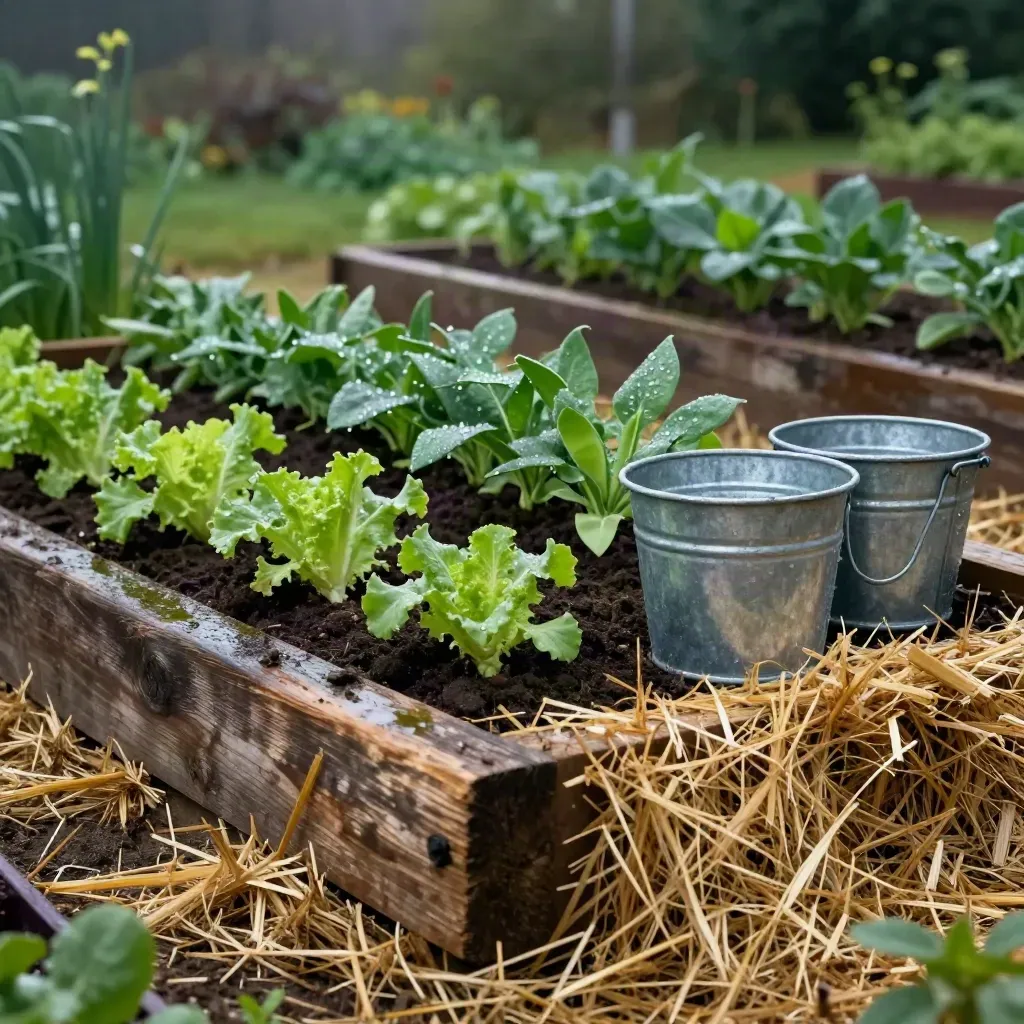 Butte de permaculture humide avec paillage, seaux de pluie, salades et fèves sous une lumière rasante.