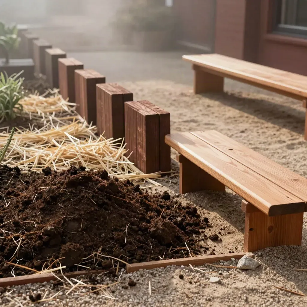 Cour commune en permaculture avec bacs, composteurs alignés et bancs en bois