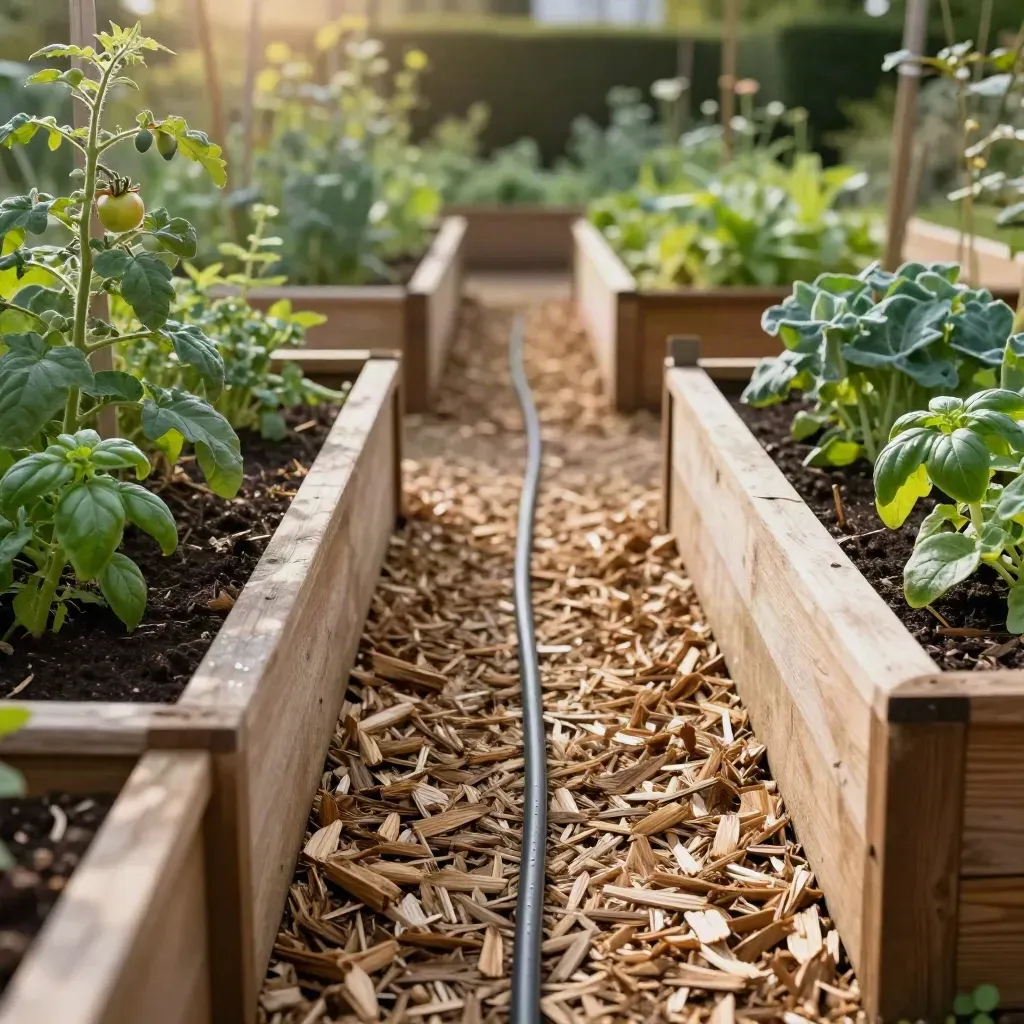 Potager de quartier luxuriant à Rennes, bacs en bois, paillage et goutte-à-goutte.