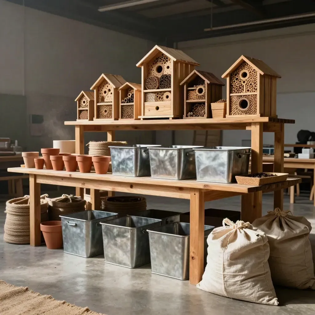 Atelier municipal de permaculture installé, bacs, hôtels à insectes et caisses en bois.