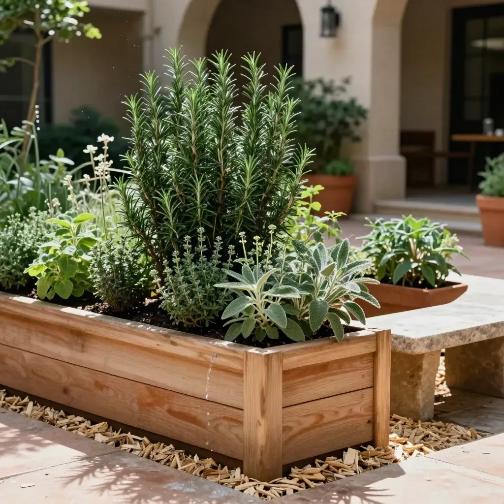 Cour d’entreprise en jardin nourricier avec bacs d’aromatiques, banc minéral et paillage clair.