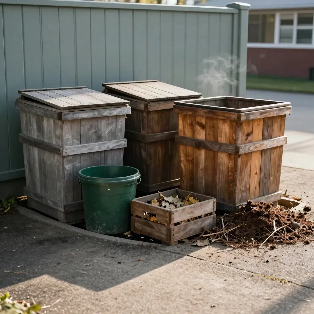 Coin compost collectif d’école avec trois bacs en bois et feuilles mortes, lumière du matin.