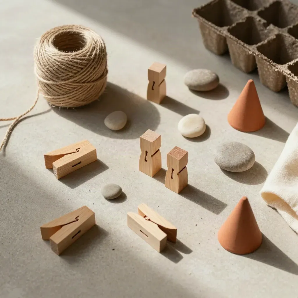 Pions de bois, ficelle de jute, caissettes de semis et cônes en terre cuite sur béton clair.