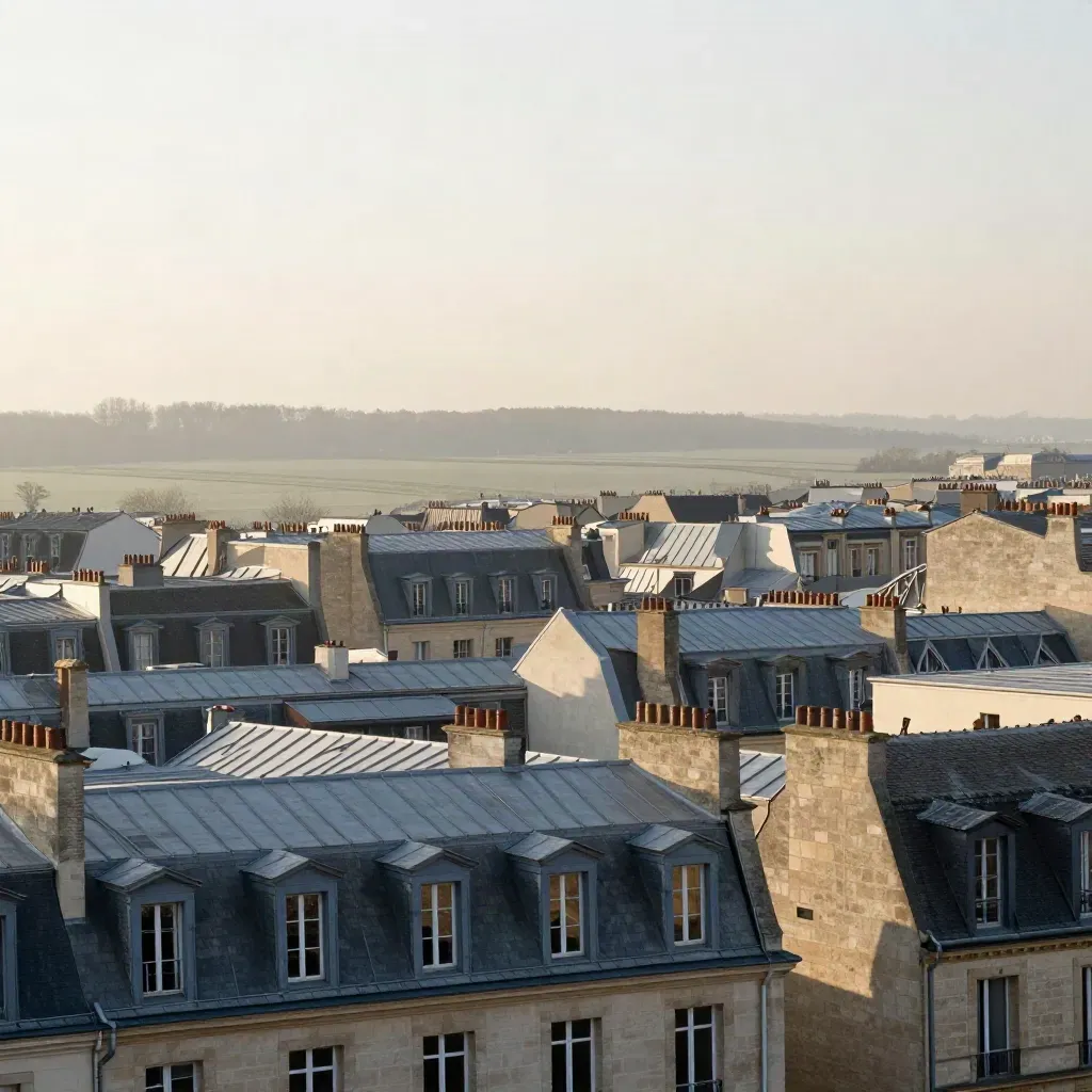 Toits de zinc et façades claires de l’Île-de-France sous une brume matinale.