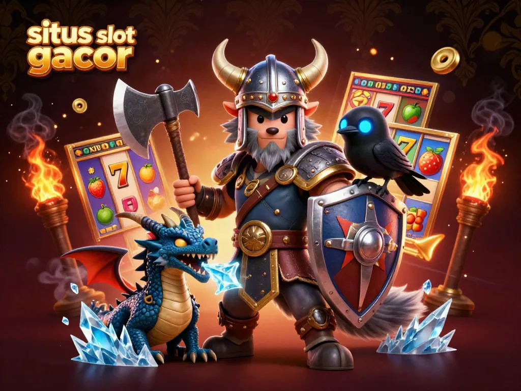 Experience the excitement of situs slot gacor with vibrant slot reels, a Viking warrior, and magical creatures.