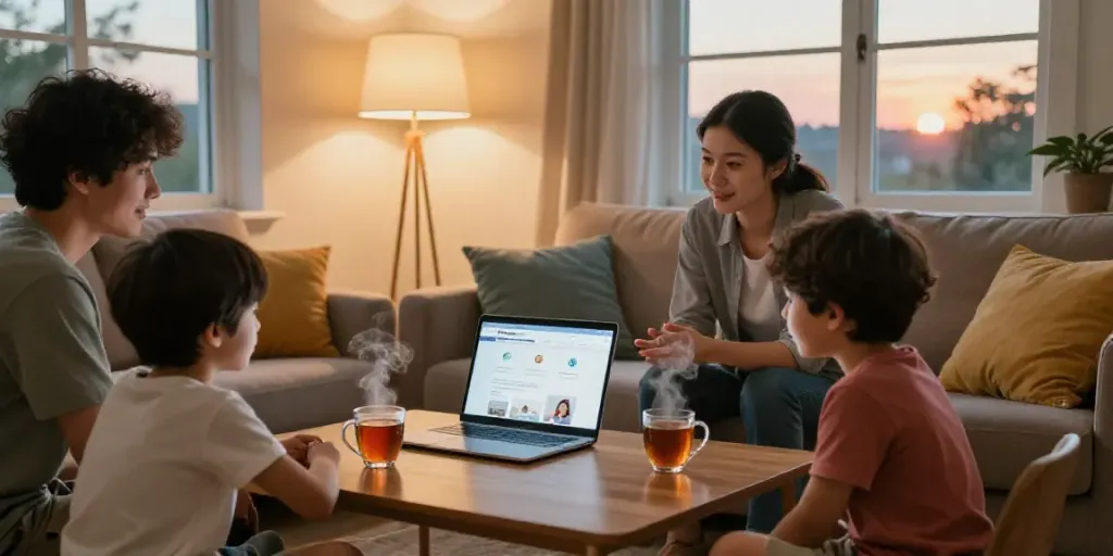Discussion familiale autour des services d'AlloAdom dans un salon chaleureux.