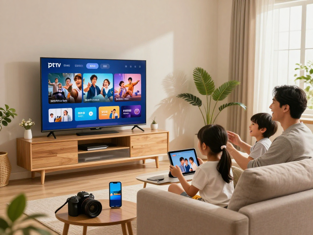 Une famille profitant de leur abonnement Atlas pro ontv avec une télévision intelligente et une tablette.