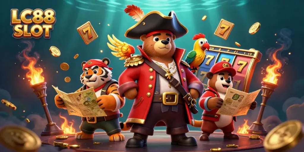 Experience thrilling entertainment with LC88 SLOT showcasing a vibrant pirate-themed scene filled with jackpot reels and treasures.