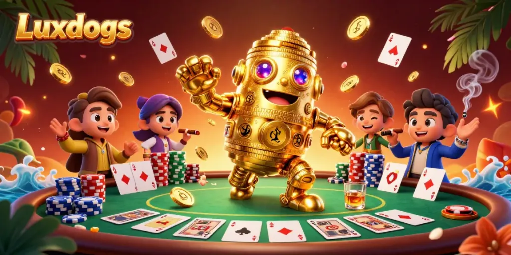 Engage with Luxdogs in an exciting casino scene featuring a golden golem and poker elements.