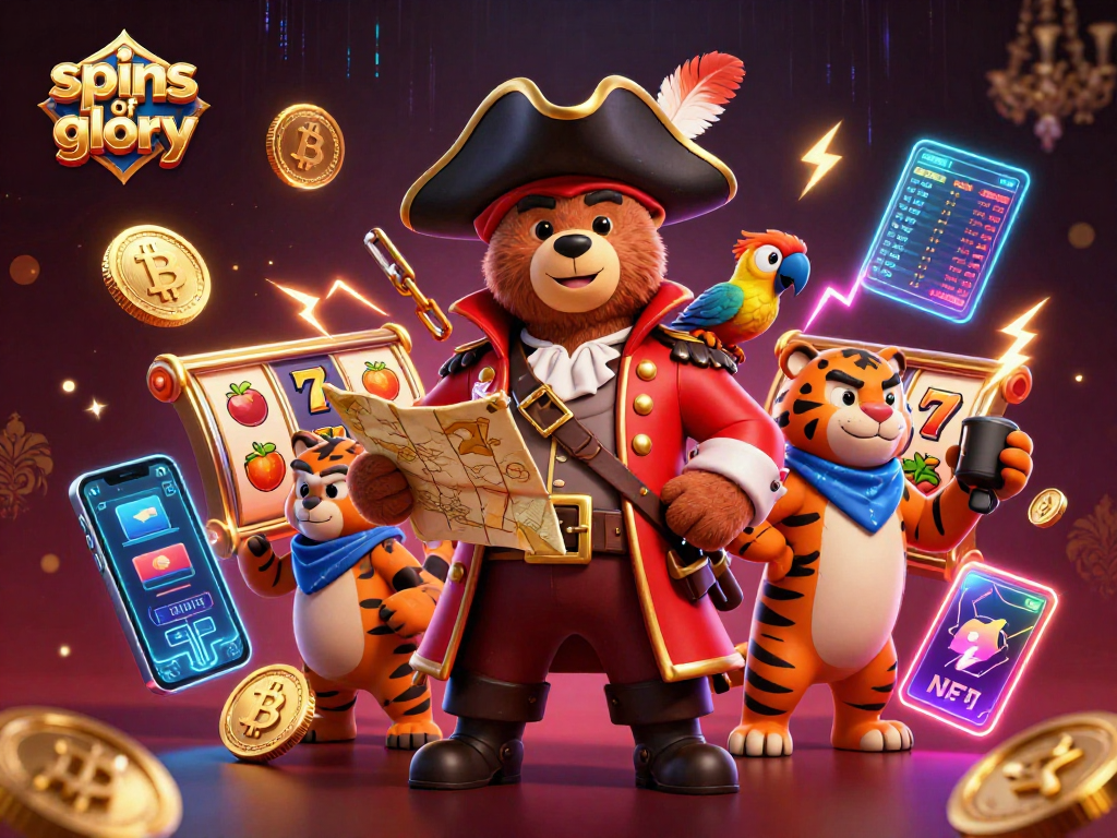 Engage with spins of glory featuring a vibrant 3D scene of a pirate captain bear and a tiger amidst slot reels and crypto elements.