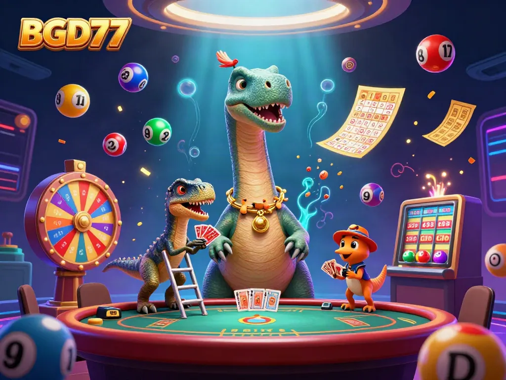 Engage in thrilling gameplay at BGD77 with colorful lottery balls, a giant brontosaurus, and exciting casino elements.
