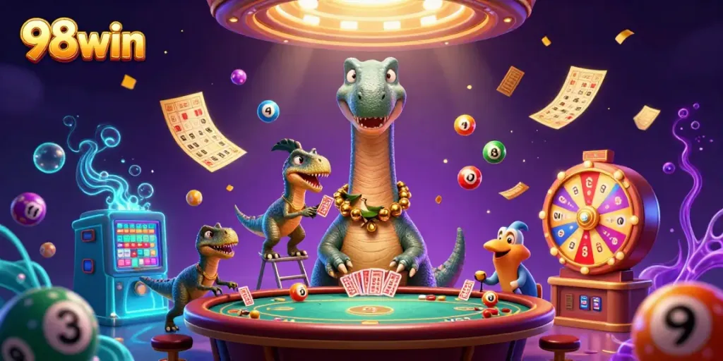 Engaging scene of a 98win casino adventure with a brontosaurus and clever raptor among vibrant lottery and casino elements.