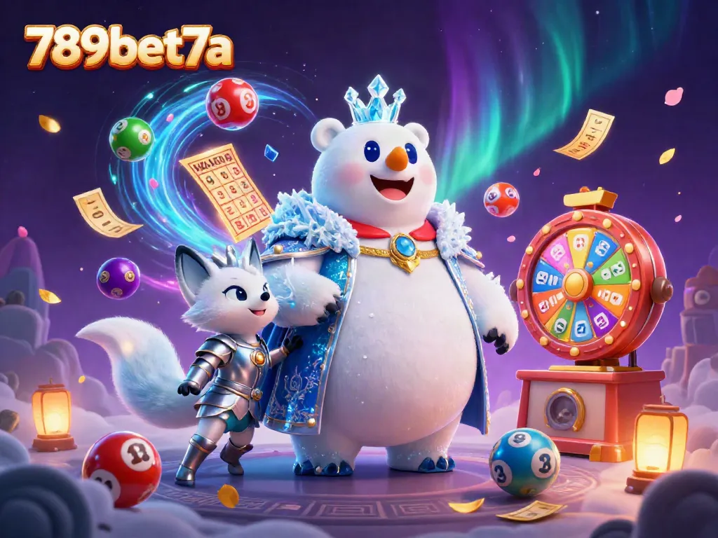 Engage in thrilling games with 789bet7a's polar bear and snow fox, vibrant lottery elements, and an exciting casino vibe.