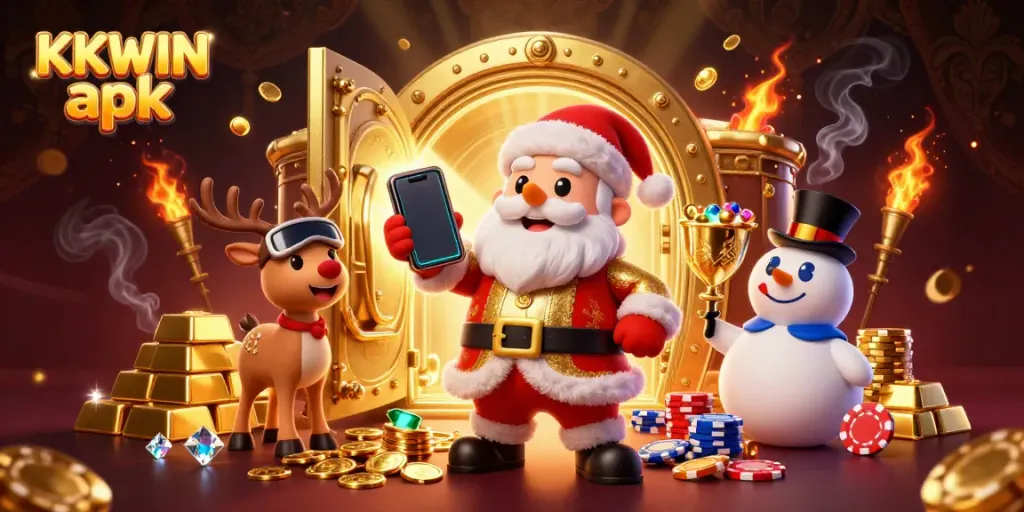 Win big with KKWIN apk's dynamic casino scene featuring Santa and friends excited about jackpots.