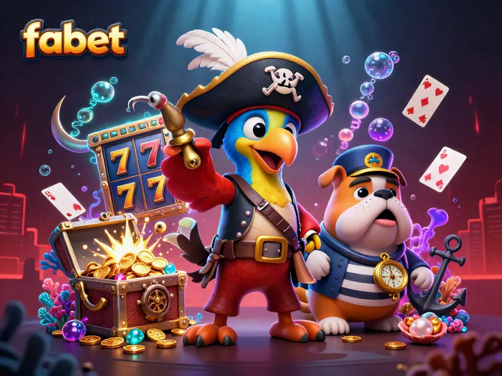 Engage with fabet's thrilling slots and jackpots through an intricate 3D pirate-themed digital art scene.