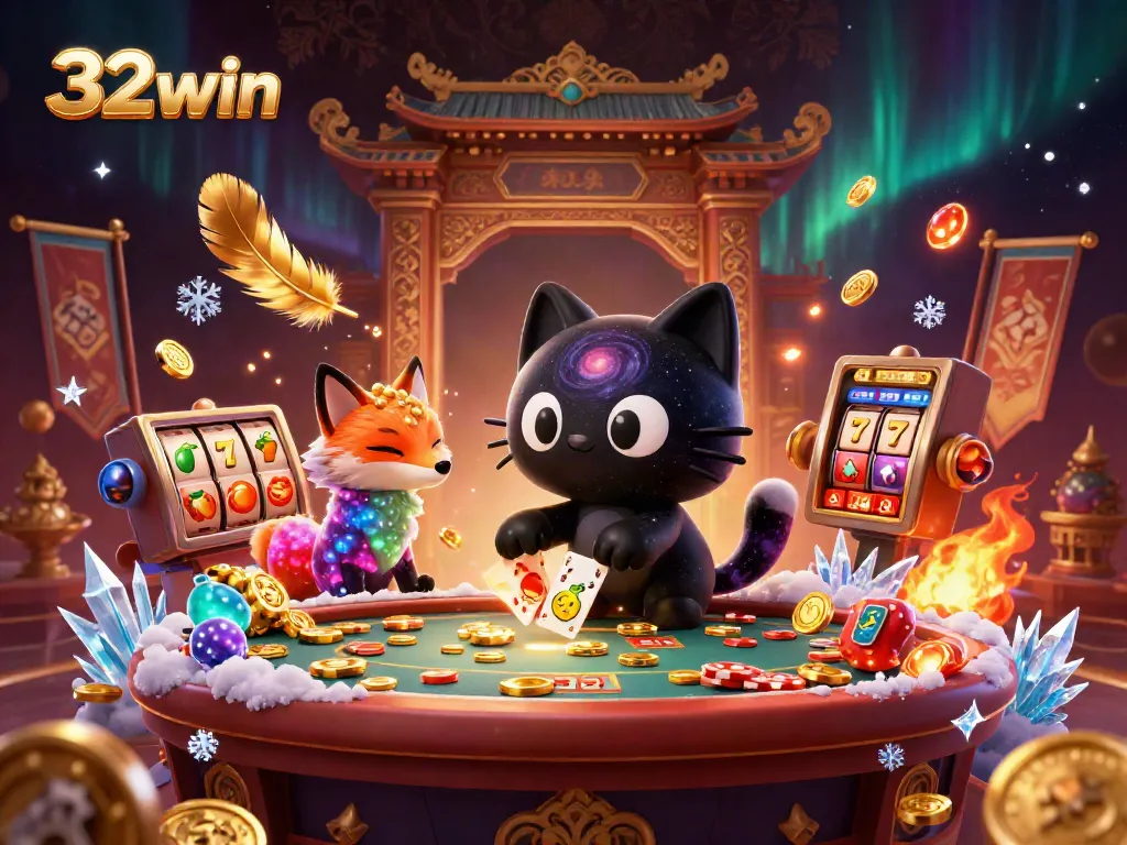 Engage with 32win's cosmic casino scene featuring a black hole cat and nebula fox amidst riches.