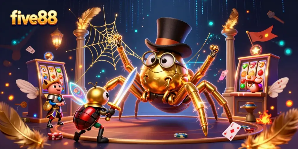 Engage with the thrilling world of five88, featuring a golden tarantula and beetle knight amidst swirling casino elements.