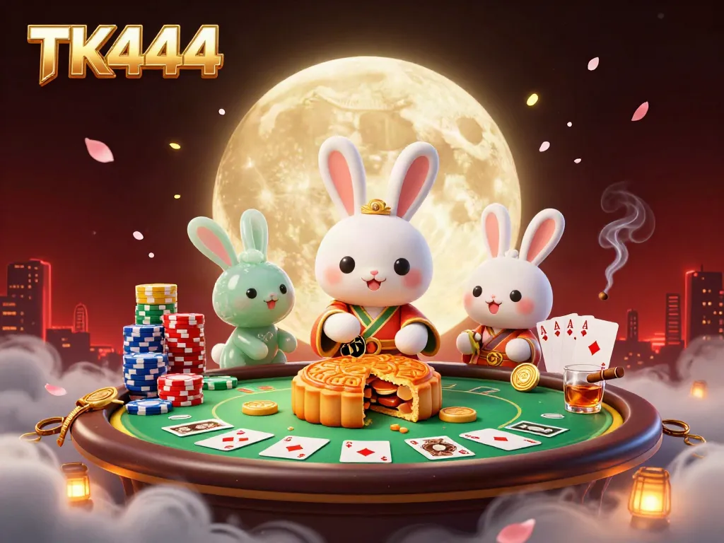 Experience TK444 casino magic with a moon rabbit pulling poker chips from mooncakes amidst vibrant casino elements.