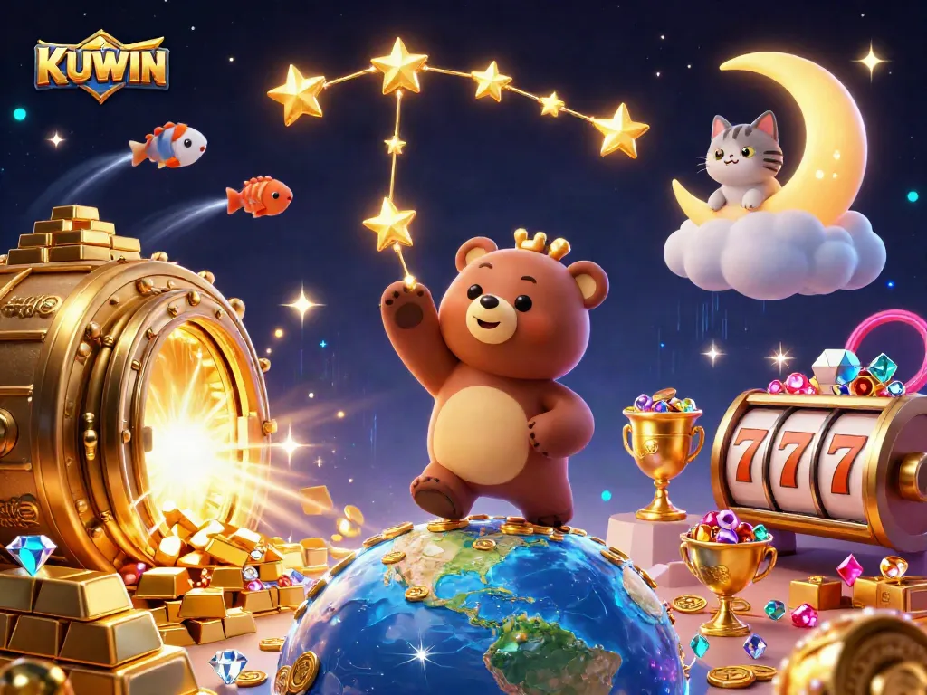 KUWIN offers thrilling casino games, featuring colorful slot reels and shining treasures.