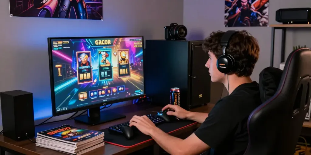 Tampilan permainan slot gacor online dengan pemain di kursi gaming, suasana penuh energi di ruangan bermain.