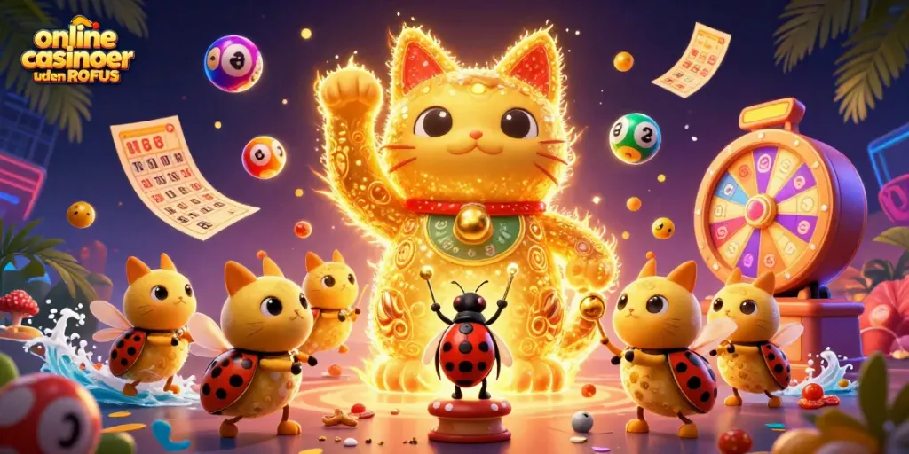 Play at online casinoer uden ROFUS with vibrant scenes, lucky cat, and dynamic game elements.