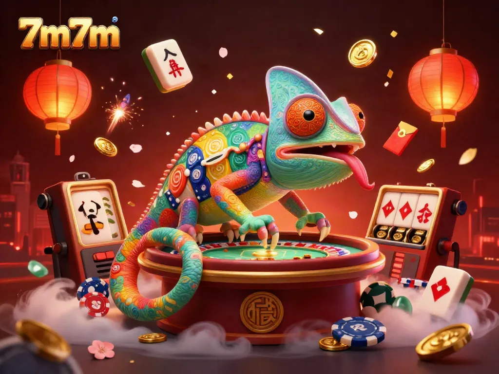 Experience the vibrant world of 7m7m casino with an enchanting chameleon owner and dynamic gaming elements.