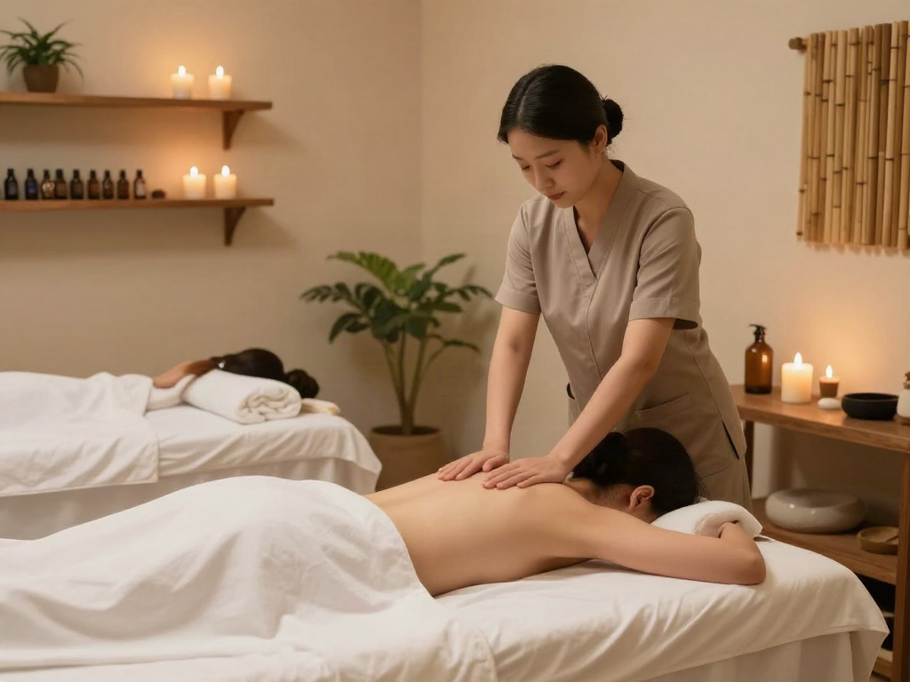 송파출장안마 massage therapy session in a tranquil studio with soothing decor.