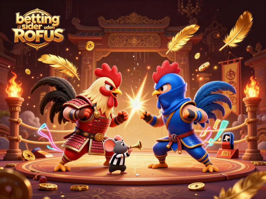 Engage with betting sider uden ROFUS in a vibrant 3D battle between cartoon fighting roosters.
