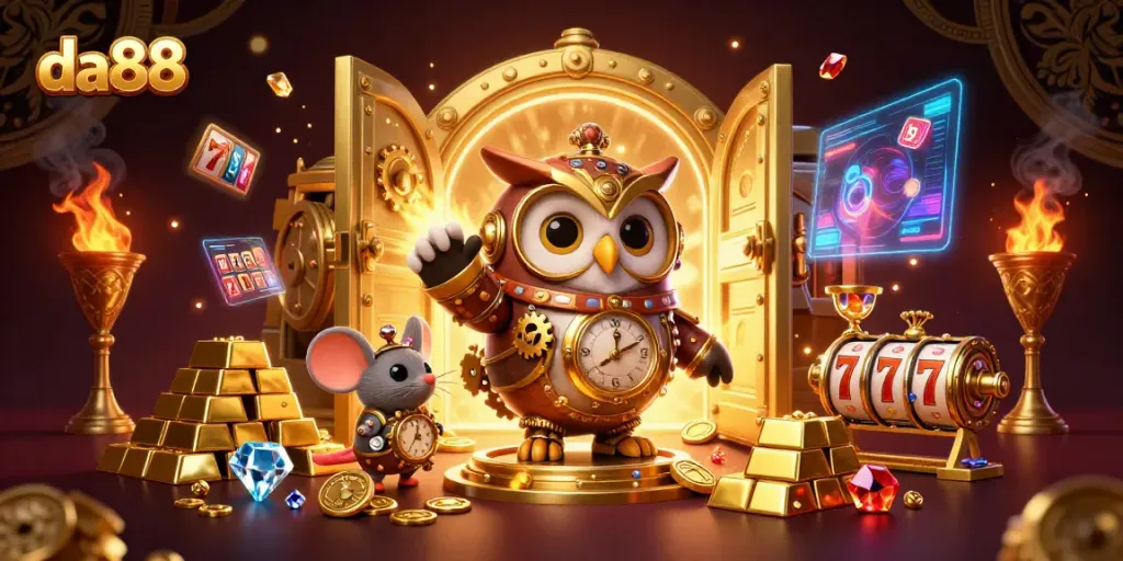 da88 captures the excitement of winning with a steampunk owl and vibrant casino treasures