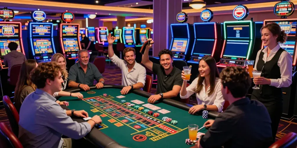 Scène vivante d'un casino sans dépôt avec des joueurs, machines à sous et ambiance festive.