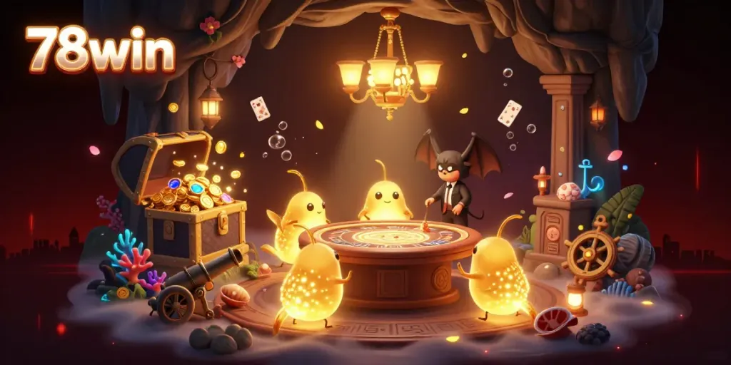 Experience thrilling gaming action with 78win as glowing characters illuminate a vibrant casino scene filled with treasures.
