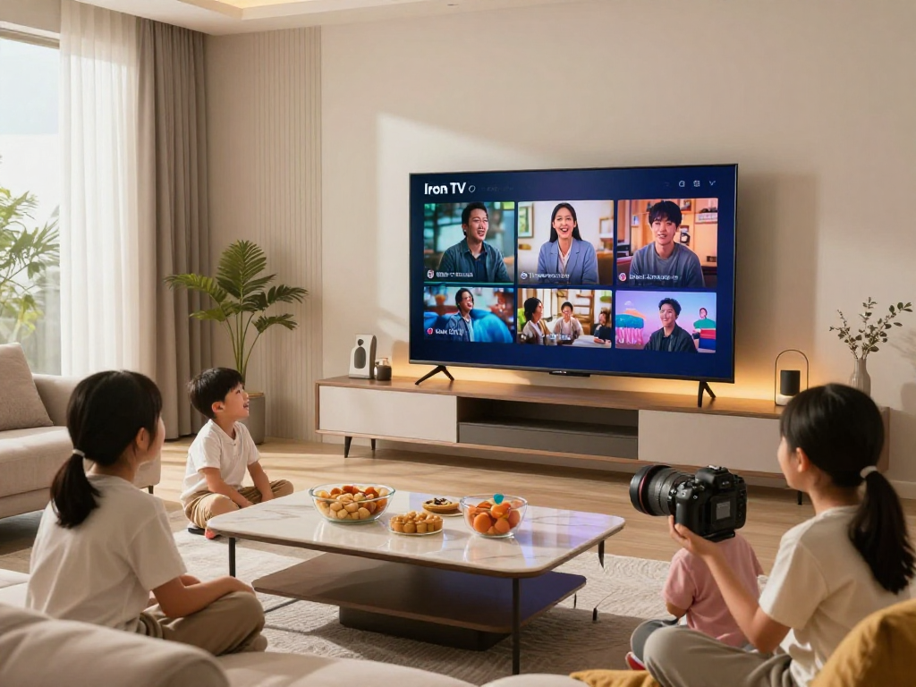 Profitez d'une expérience de streaming Iron TV avec une famille dans un salon confortable.