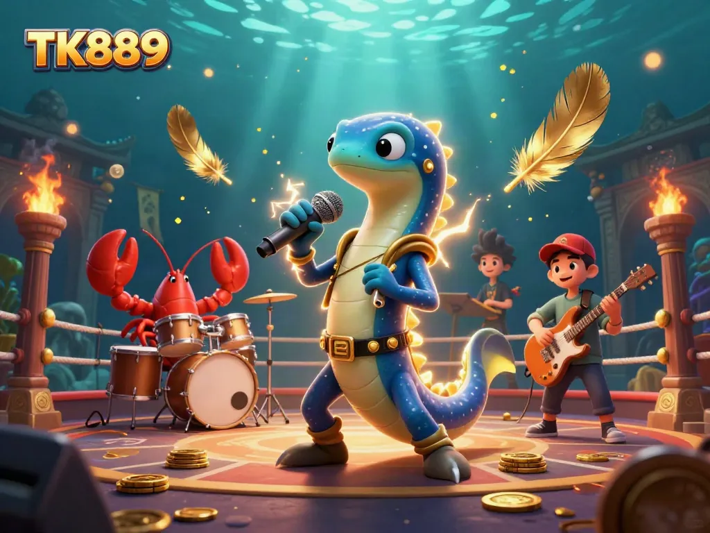 Experience the thrill of TK889 gaming with an electrifying underwater casino scene featuring a lively DJ eel.