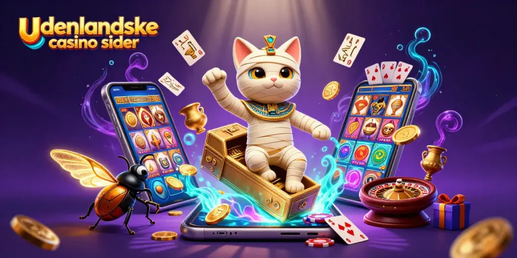 Engage with udenlandske casino sider, showcasing a vibrant 3D illustration with a mummy cat, casino elements, and golden coins.